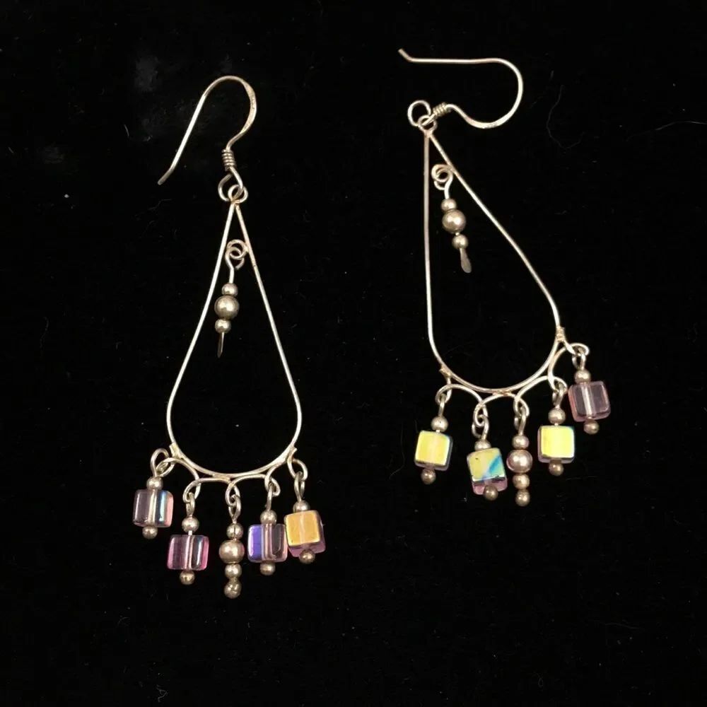 Vintage Sterling Silver Glass Bead Drop Earrings